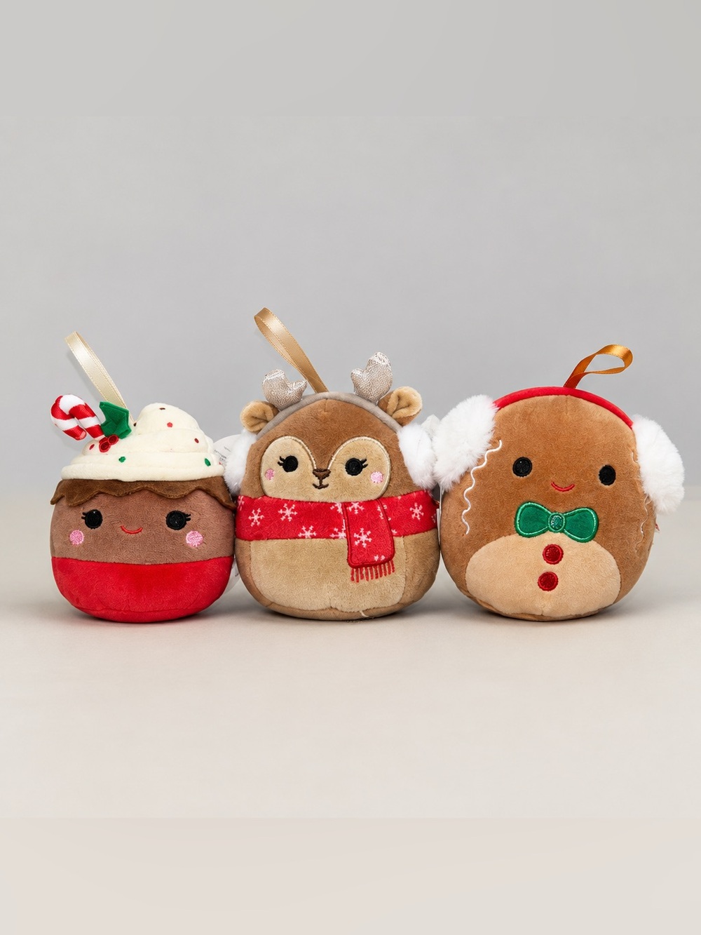 Set of 3 holiday plush ornaments from the Squishmallows Christmas collection